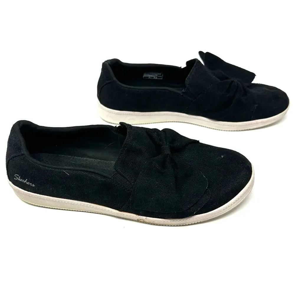 Skechers Size 8.5 Slip-Ons Black w/ White Soles Air-Cooled Memory Foam Bow Comfy - Picture 3 of 8